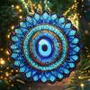 Kinetic Metal Evil Eye Wind Spinner - Intricate Blue & Turquoise Stained Glass Design - Versatile Indoor/Outdoor Art for Garden, Patio