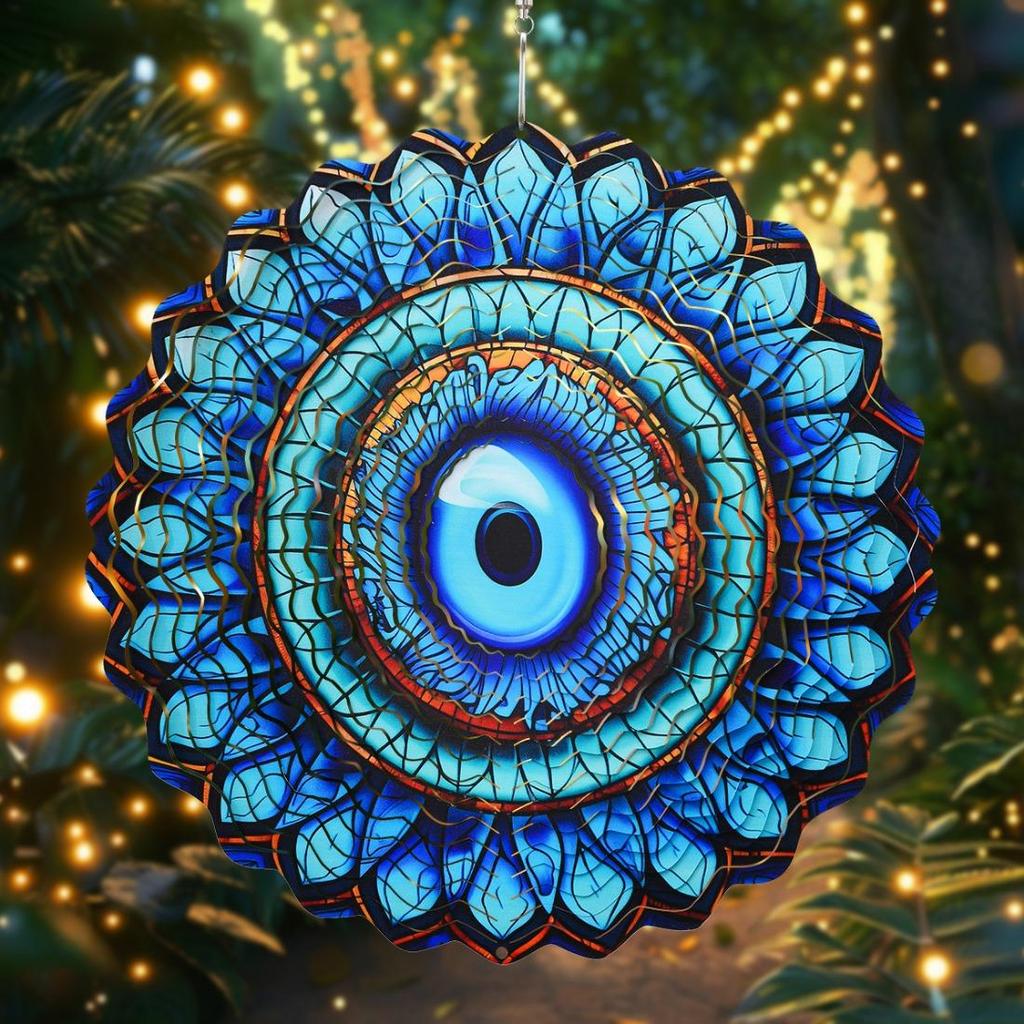 Kinetic Metal Evil Eye Wind Spinner - Intricate Blue & Turquoise Stained Glass Design - Versatile Indoor/Outdoor Art for Garden, Patio