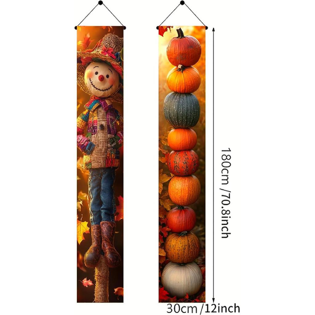 Thankgiving Vertical Door Banners 12x71 Inch Scarecrow Pumpkin Stack Front Door Decor Fall Harvest Hanging Porch Sign Outdoor Seasonal Backdrop Photo