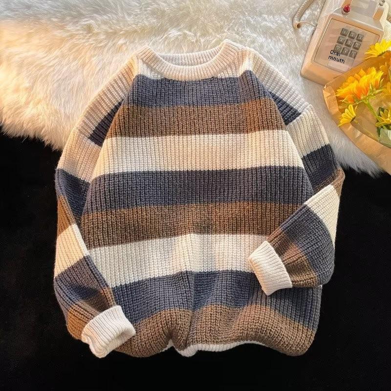 Men's Korean Style Round Neck Sweater - Trendy Loose Fit, Color-Blocked, Autumn/Winter Striped Design for Couples.