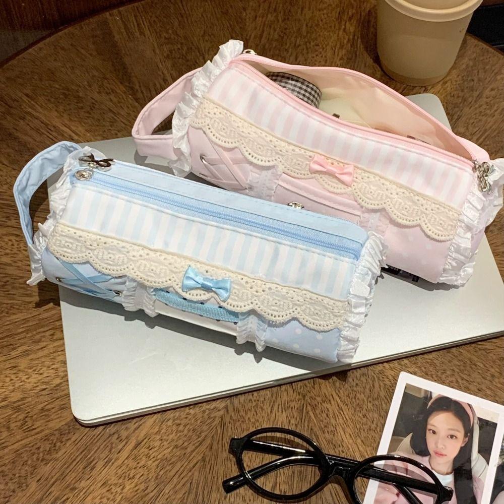 Printed Lace Pencil Case Large Capacity Zipper Stationery Pouch Pen Organizer Children