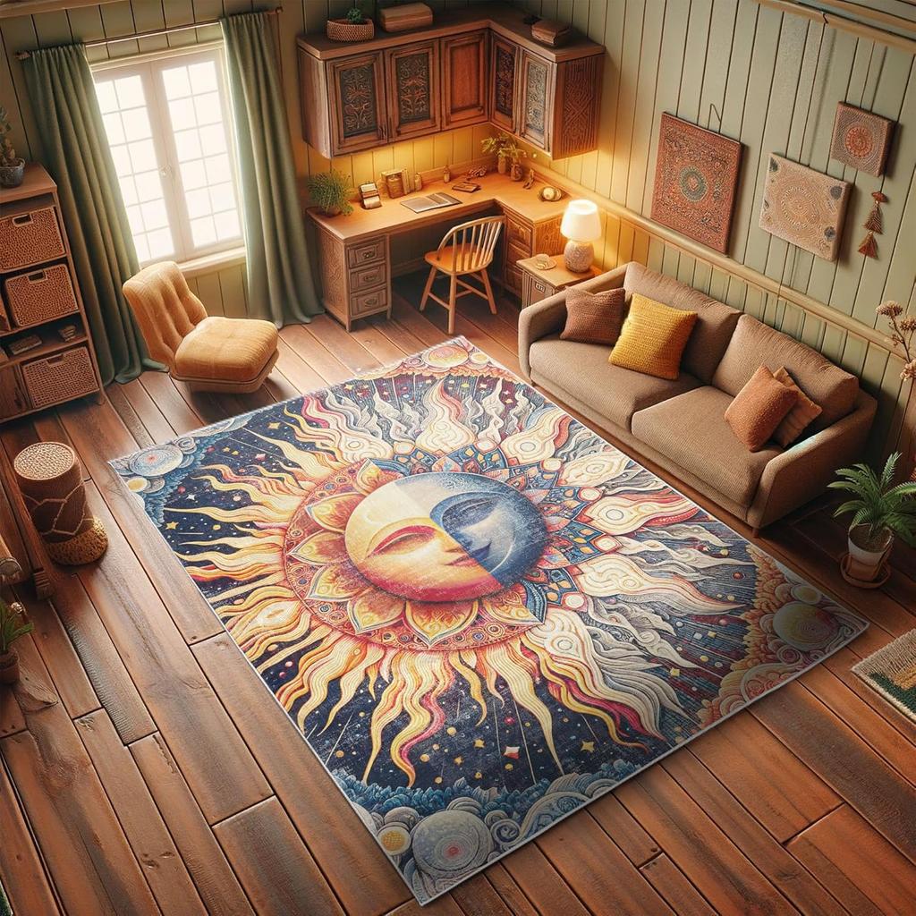 Sun and Moon Decorative Rug,Modern Esoteric Celestial Lunar Motif with Boho Paisley Details, Quality Carpet for Bedroom Dorm and