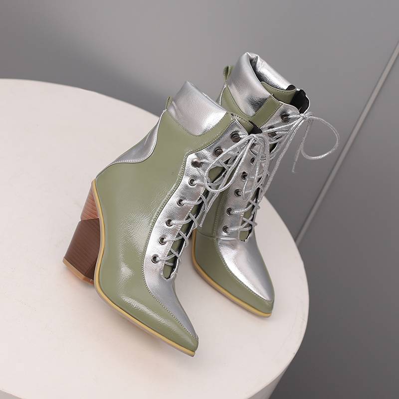 Krazing Pot Polyurethane Autumn Winter Shoes 47 Size 48 Super Size Wedges Pointed Toe Lace Up Serpentine Fashion Ankle Boots