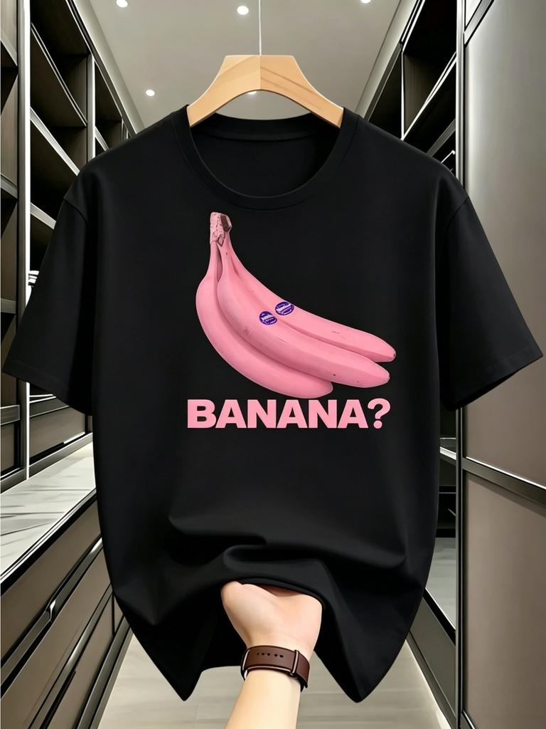 Unisex Navy Blue Tee Cute Pink Banana Fruit Letter Text Graphic Print Crew Neck Short Sleeve Summer Casual Male Cotton Street Top