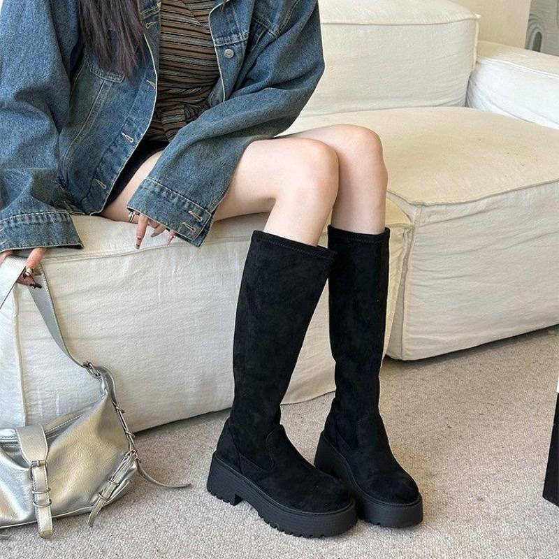 Retro Long Tube Boots Women's Fleece Lined Elastic Knight Boots Autumn Winter New Style over Knee High Boots Rubber Material