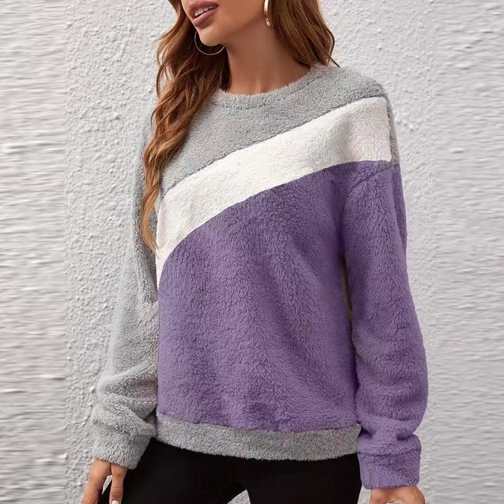 Women's Fashion Casual Round Neck Contrasting Color Drop Shoulder Sleeve Fleece Long Sleeve Pullover Top