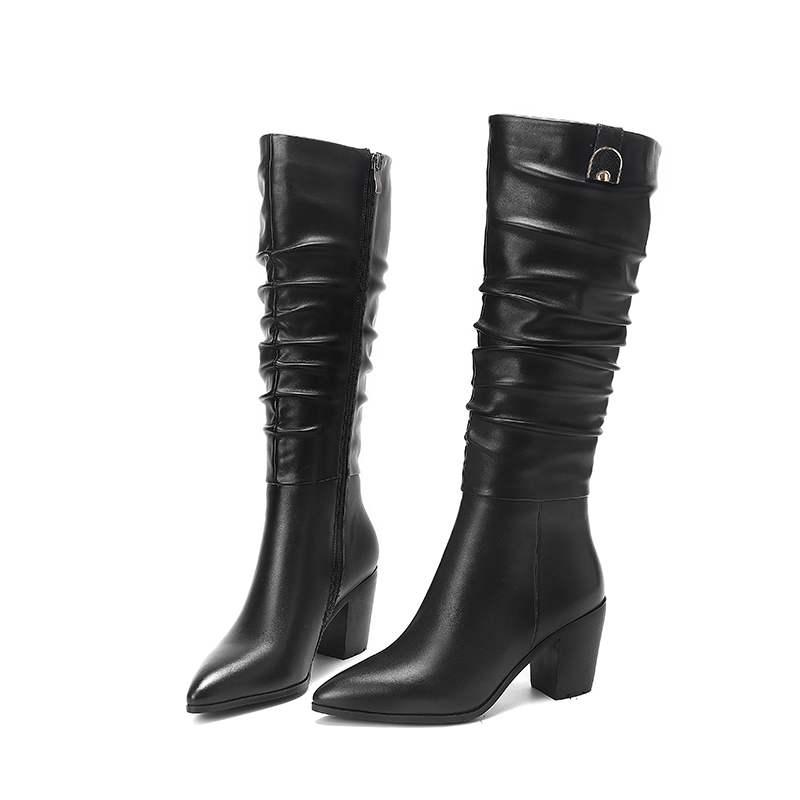 Krazing Pot Buty Jesienno-Zimowe ze Skóry Krowiej Grube Wysokie Obcasy Duży Rozmiar 45 Rozmiar 44 Szpiczasty Nosek Plisowana Dekoracja Kobiety Utrzymują Ciepło Kozaki do Połowy Łydki