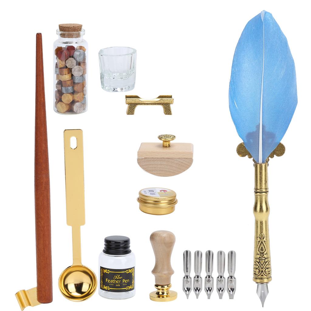 Feather Pen Wax Set Quill Dip Writing Ink Stamp Kit Vintage Student Stationery Gift BoxSP225038