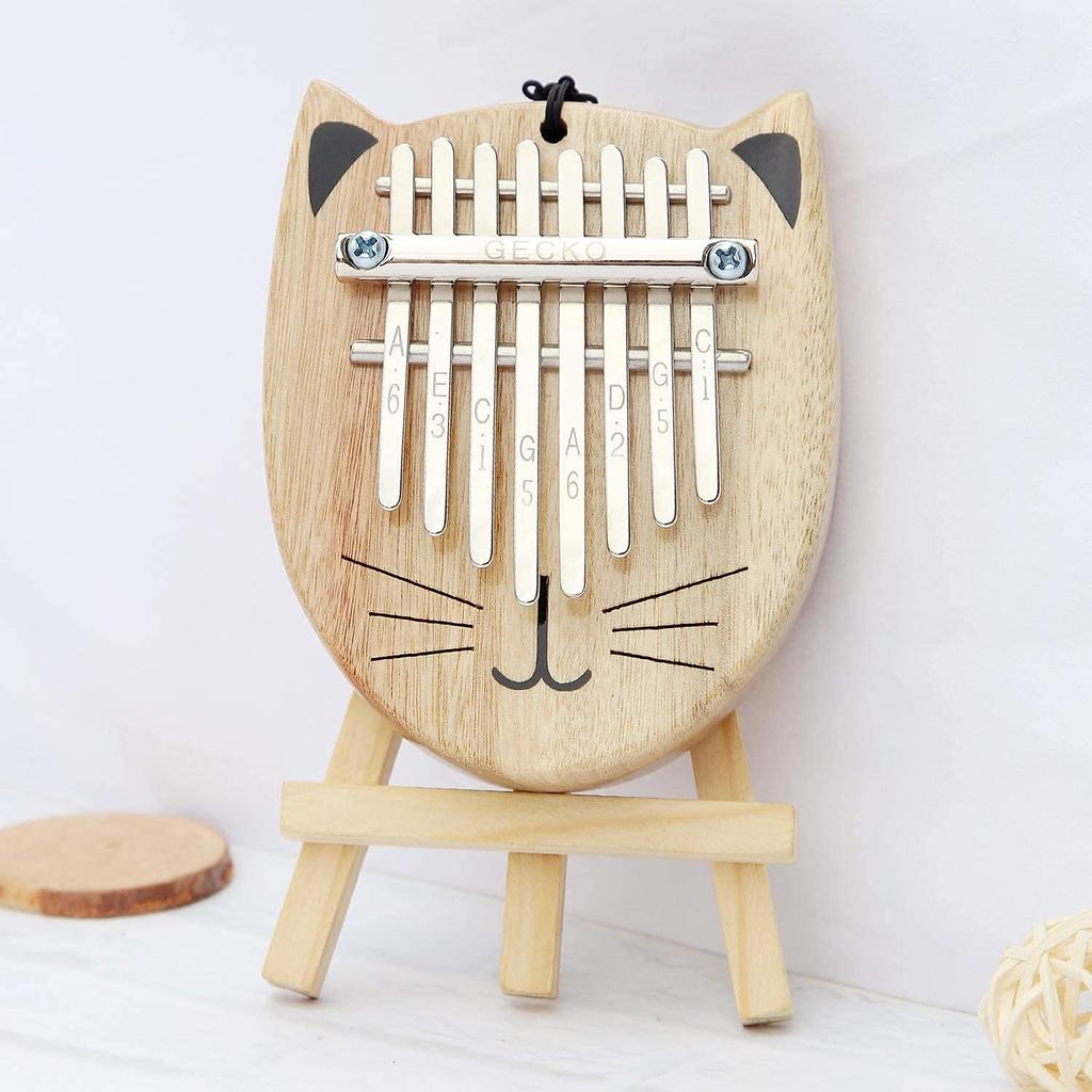 GECKO Kalimba 8-Key Beginner's Set, Thumb Piano with Cute Cat Design, Made of Camphor Wood, Includes Gift Case & Box, Adjustment Hammer, Strap, and