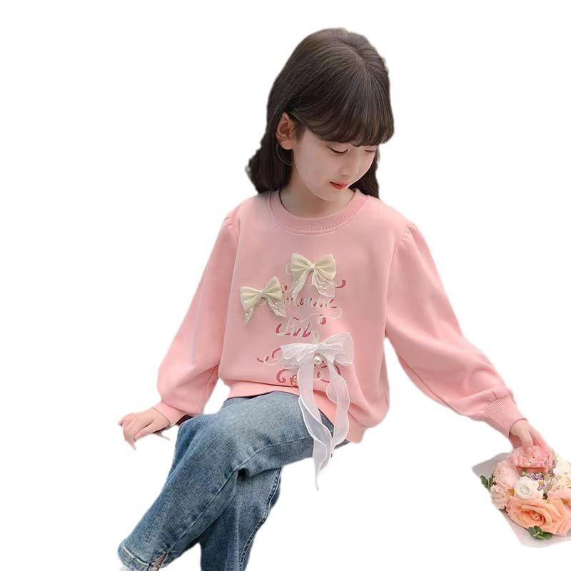 Girls Bow Tie Sweatshirt Long Sleeve Pullover Top Cute Casual Autumn Spring Kids Clothing