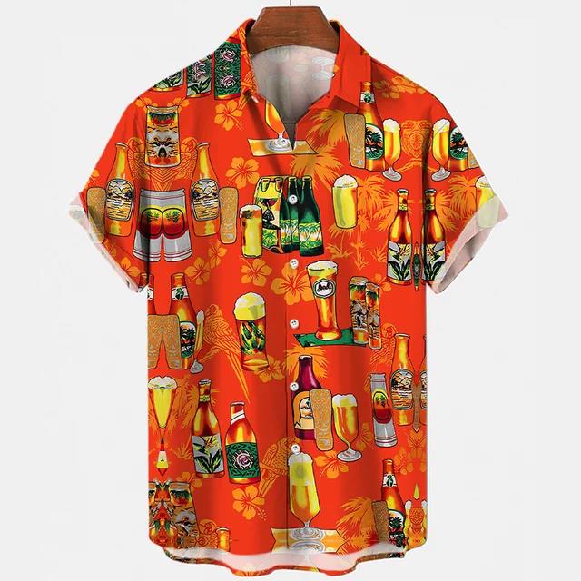 Camisetas Festival de Cerveza Harajuku para Hombre Estampado 3D Manga Corta Verano Estilo Hawaiano Playa Tops de Botón Único Solapa