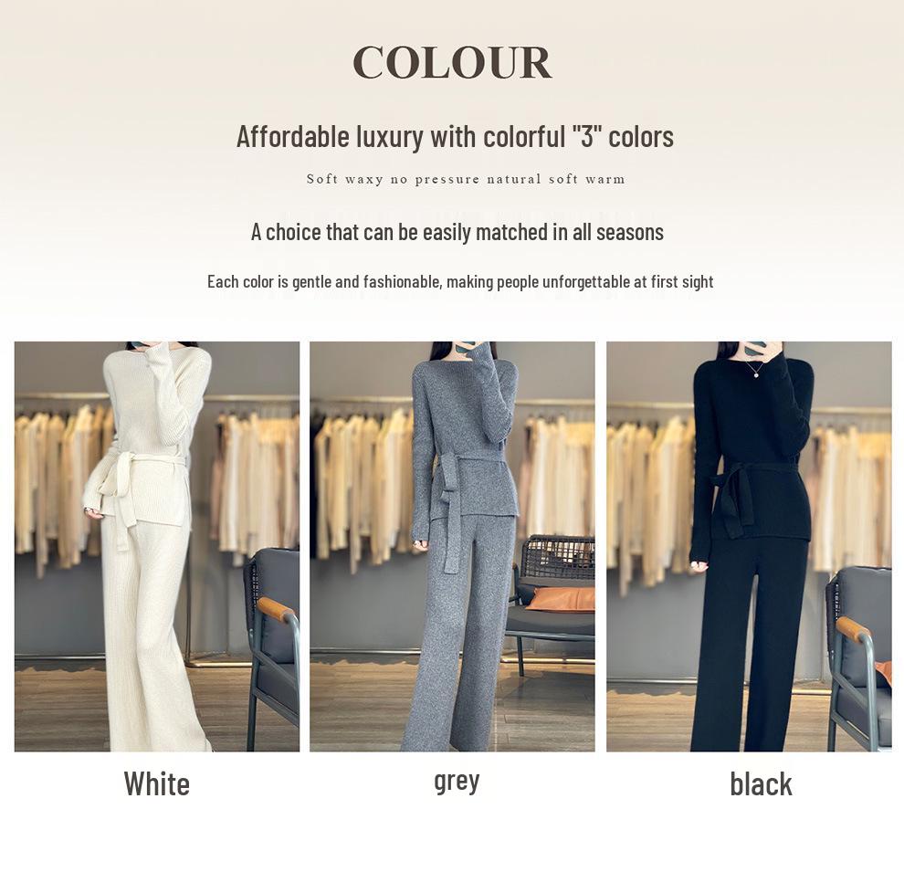Chic Autumn/Winter Cashmere Two-Piece Set: Women's Loose Knit Sweater & Wide-Leg Tie-Waist Pants