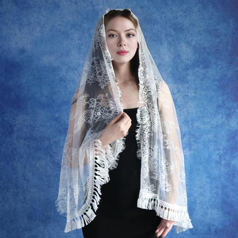 Eleganter spanischer Spitzen-Mantilla-Schleier für die katholische Kirche, Vintage-Kopfbedeckung für die lateinische Messe, gefranster Blumenschleier, Kopftuch