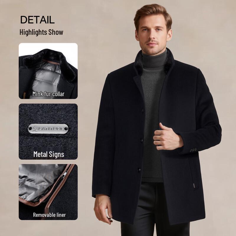 MONTAGUT Men's Wool Blend Overcoat with Goose Down Liner & Mink Fur Collar