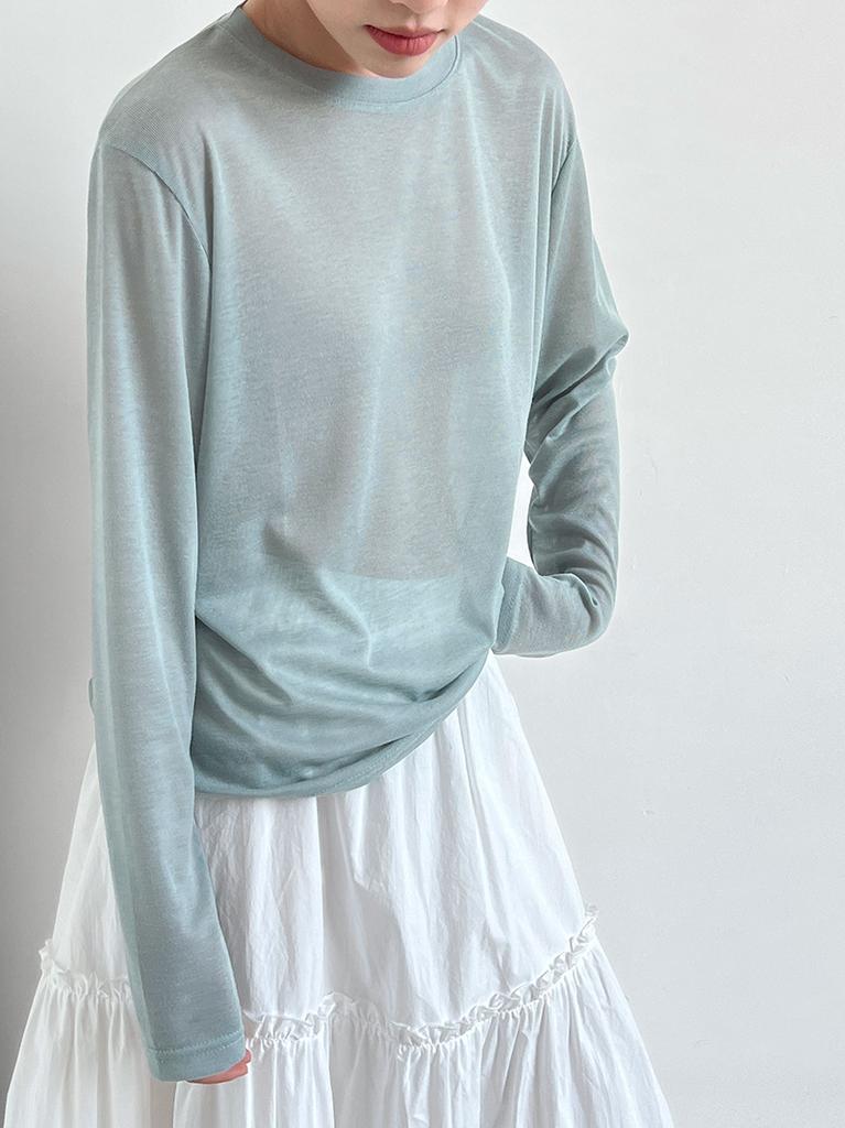 Women Sheer Long Sleeve T-Shirt Crew Neck Loose Casual Thin Knit Basic Layering Top Lazy Style Blouse