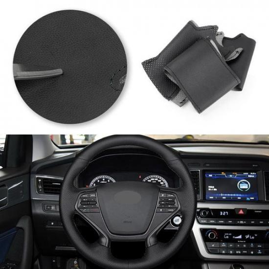 Black Leather Steering Wheel Cover Trim For Hyundai Sonata 9 2015-2017 (4-Spoke)