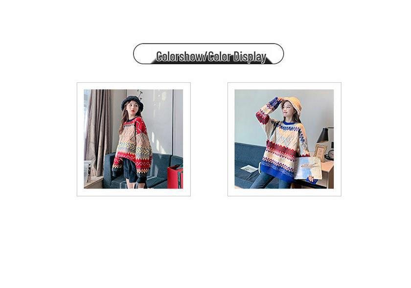 Autumn/Winter 2023 Women's Colorful Pattern Loose Knit Sweater - Round Neck, Long Sleeve Pullover