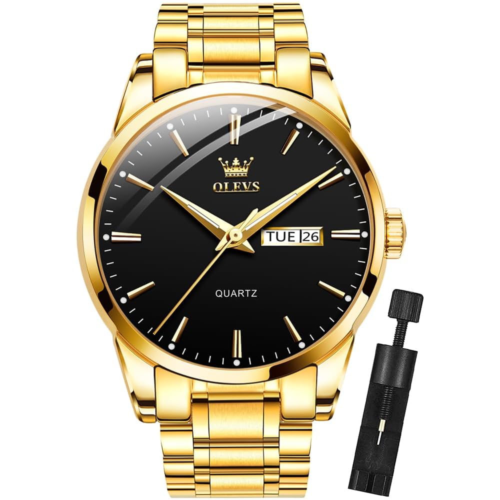 OLEVS Men s Classic Gold Watch Analog Quartz Business Dress Watch Day-Date Stainless Steel Waterproof Black Dial