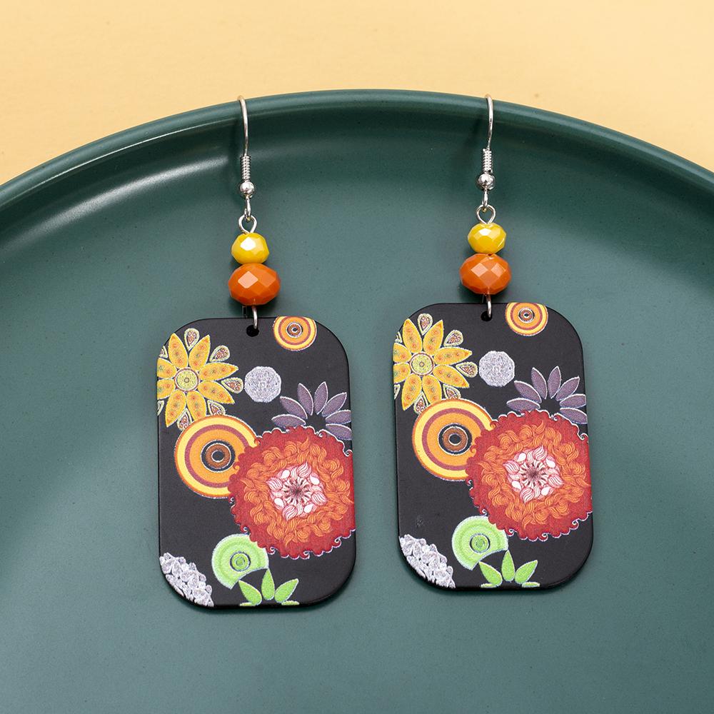 Acrylic Relievo Colorful Print Women's Flower Earrings Dangle Vintage Elegant Personality Jewelry New Clothing Accessories Gift