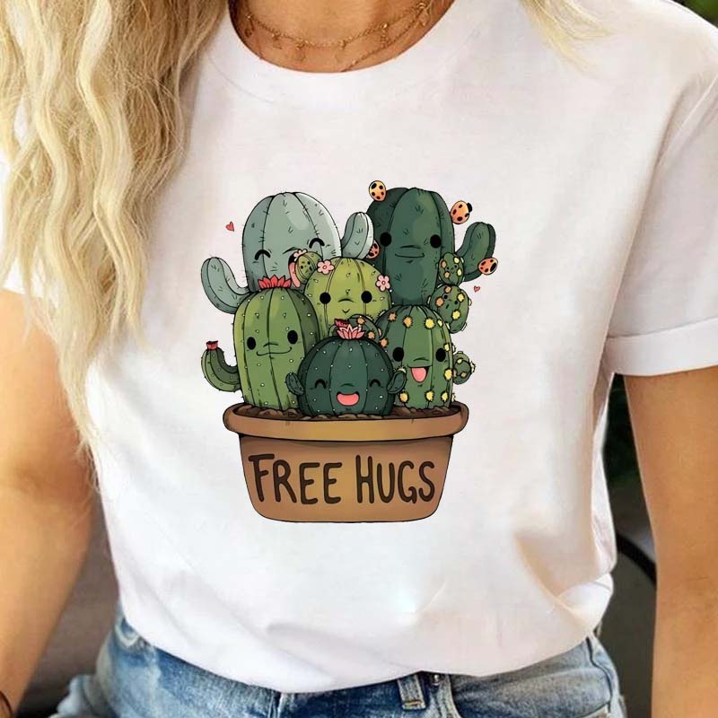 Cartoon Cactus Print T Shirt for Women Clothing Casual Short Sleeves T-shirt Fashion Streetwear Crew Neck Female Shirts