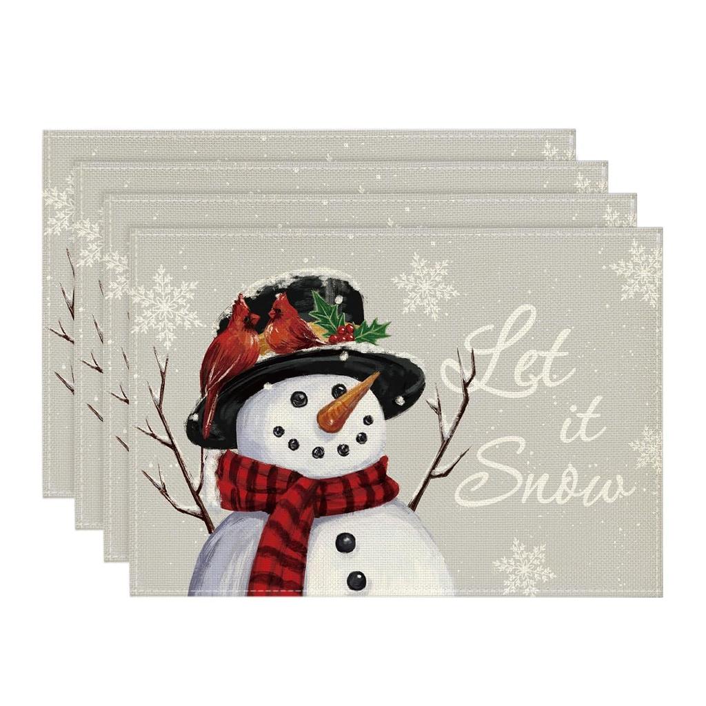Red Snowman Let It Snow Winter Placemats Set of 4, 12x18 Inch Seasonal Christmas Holiday Table Mats for Party Kitchen Dining Decoration