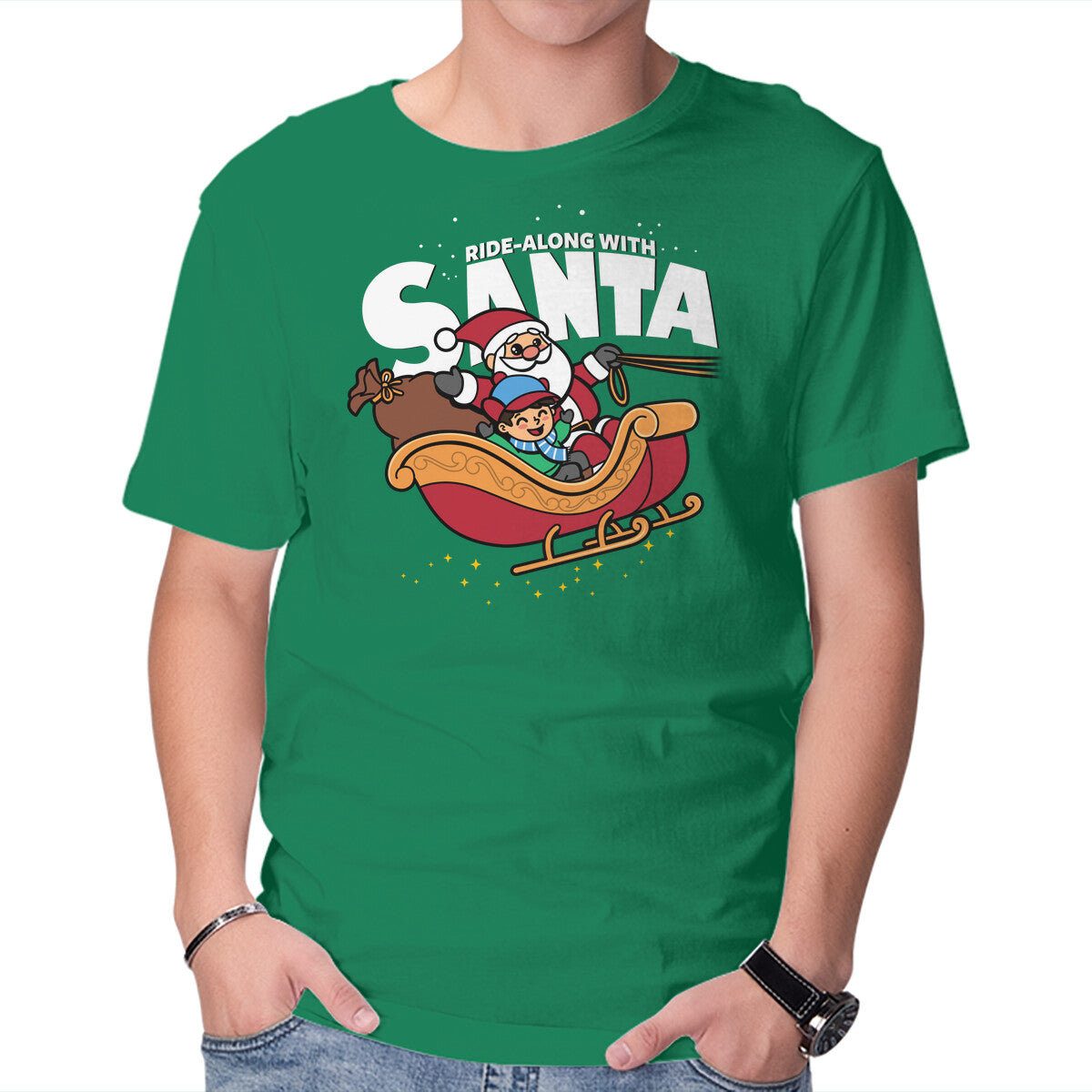Unisex Crew Neck T-Shirt Ride-Along With Santa Graphic Short Sleeve Casual Tee M