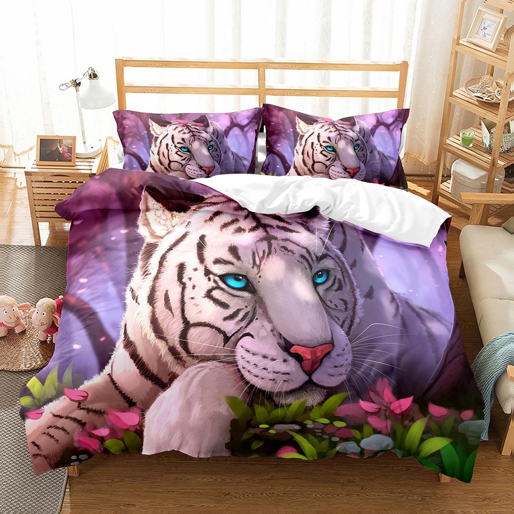 Tiger Duvet Cover Set Purple Flower Comforter Cover Boys African Safari Wild Animals Big Cat Queen King Polyester Quilt Cover