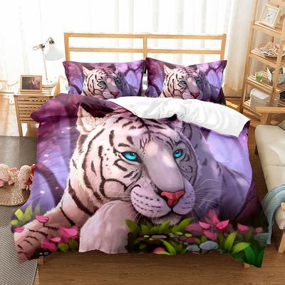 Tiger Bettbezug Set Lila Blume Bettdeckenbezug Jungen Afrikanische Safari Wildtiere Großkatze Queen King Polyester Steppdeckenbezug