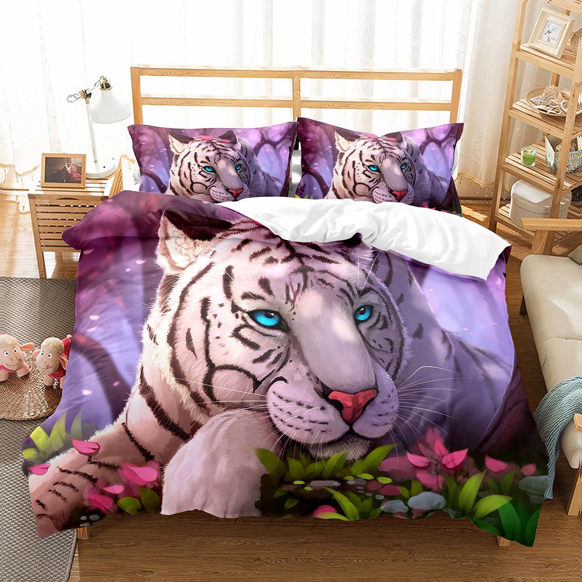 Tiger Duvet Cover Set Purple Flower African Safari Wild Animals Big Cat King Queen Polyester Quilt Cover EU single(135x200cm)
