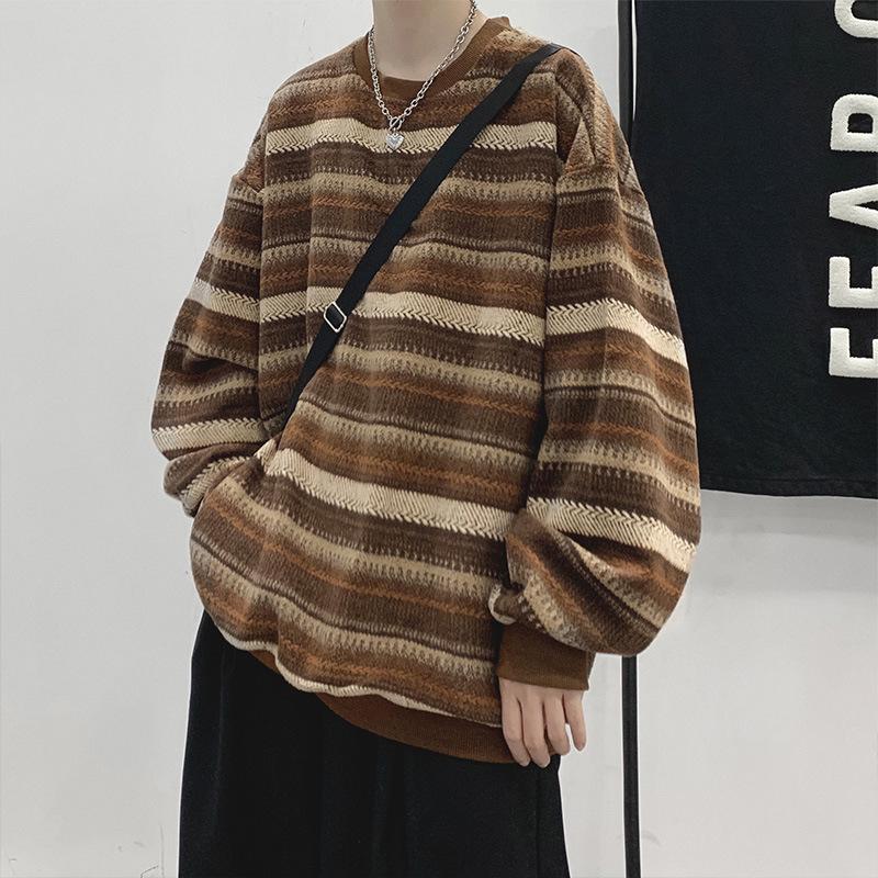 Men's Retro Striped Sweatshirt - Spring Trend Loose Fit, Round Neck, Korean Lazy Style Pullover