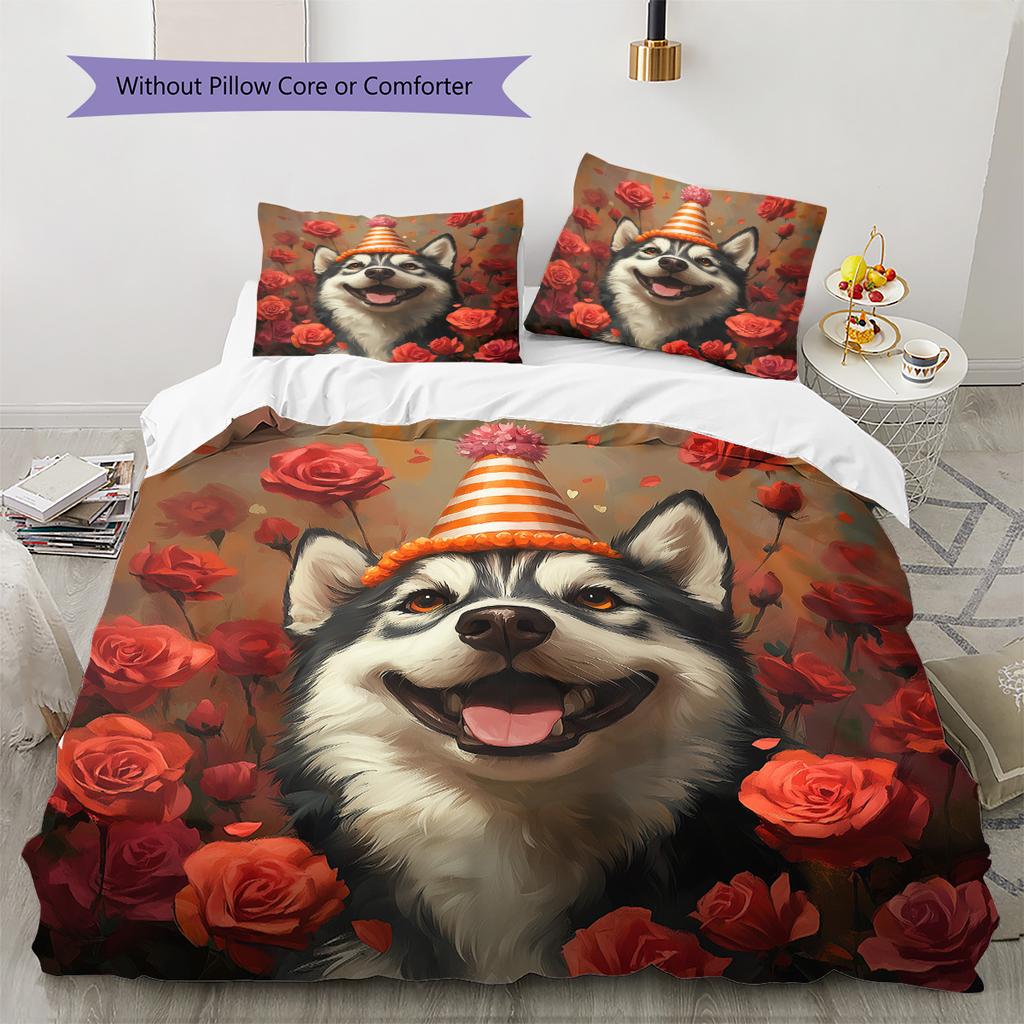 Rose Dog Pattern Bedding Quilt Set Home Decoration Gift (1 * duvet cover + 2 * pillowcase without core)