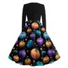 Women's Vintage Long Sleeve Round Neck Dress Halloween Party Printed Midi Dress with Belt Retro Style