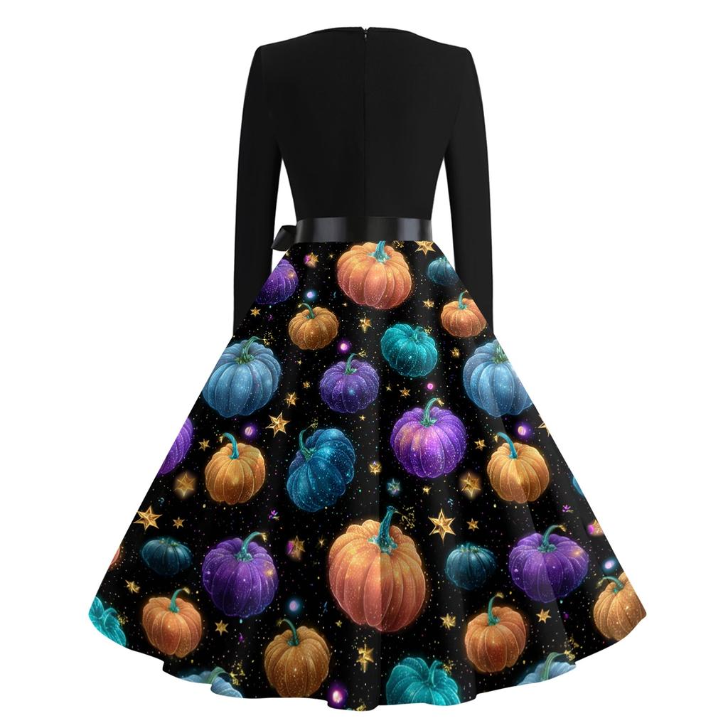 Women's Vintage Long Sleeve Round Neck Dress Halloween Party Printed Midi Dress with Belt Retro Style
