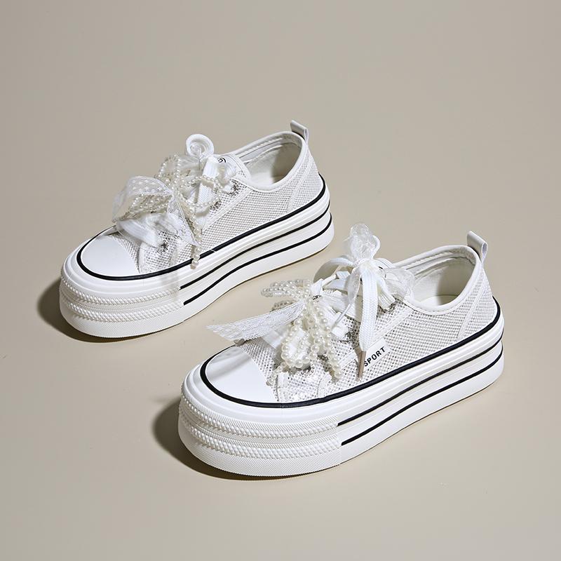 Fashion CRLAYDK Fashion Platform Mesh Shoes for Women Lace Pearl Casual Sneakers Ladies Lace Up Sports Walking Breathable Tennis