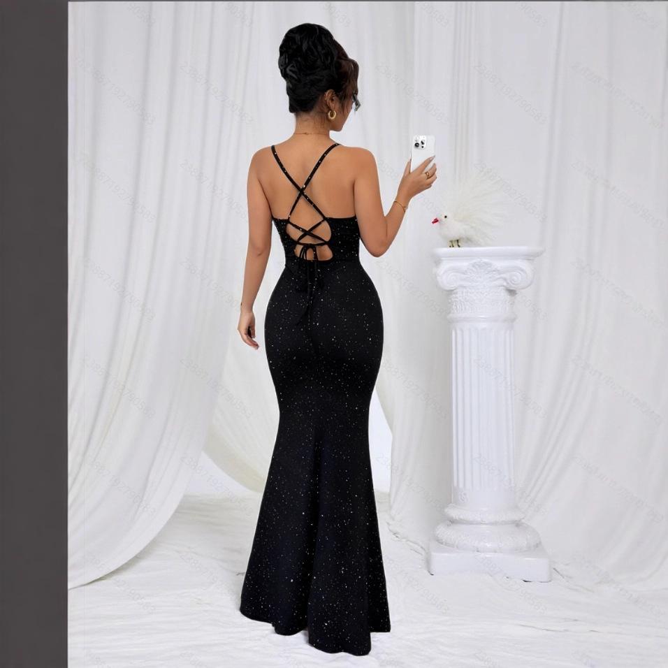 Women's Spaghetti Strap Glitter Bodycon Maxi Dress Straight Neck Mermaid Hem Black Sexy Evening Cocktail Party Banquet Formal Gown