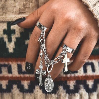 Chain Two-finger Conjoined Ring Creative Ins Cross Key Lock Open Ring Ring