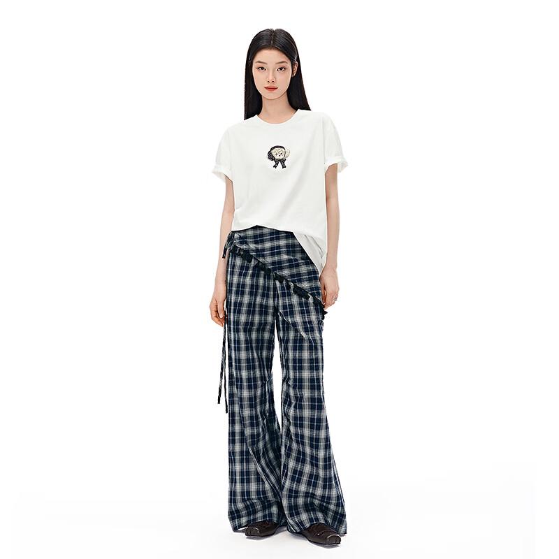 Ledian Color-Block Plaid Wide-Leg Casual Pants