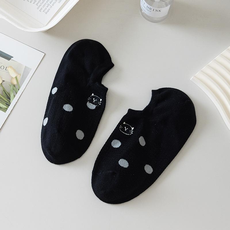 

Женские летние тонкие носки-лодочки без косточек, с вышивкой котятами в горошек, с неглубоким вырезом, нескользящие, невидимые 1 pair чёрный