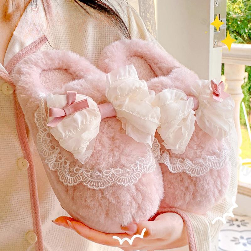 Women's Platform Cotton Slippers Winter Bow Knot Non Slip Home Slippers Thicken Warm Lightweight Comfortable Plush Shoes