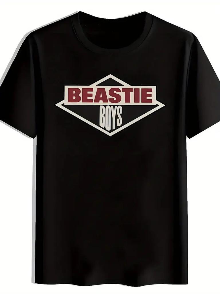 Black Polyester Men's Vintage Rock Band Graphic T-Shirt - Beastie Retro Design |