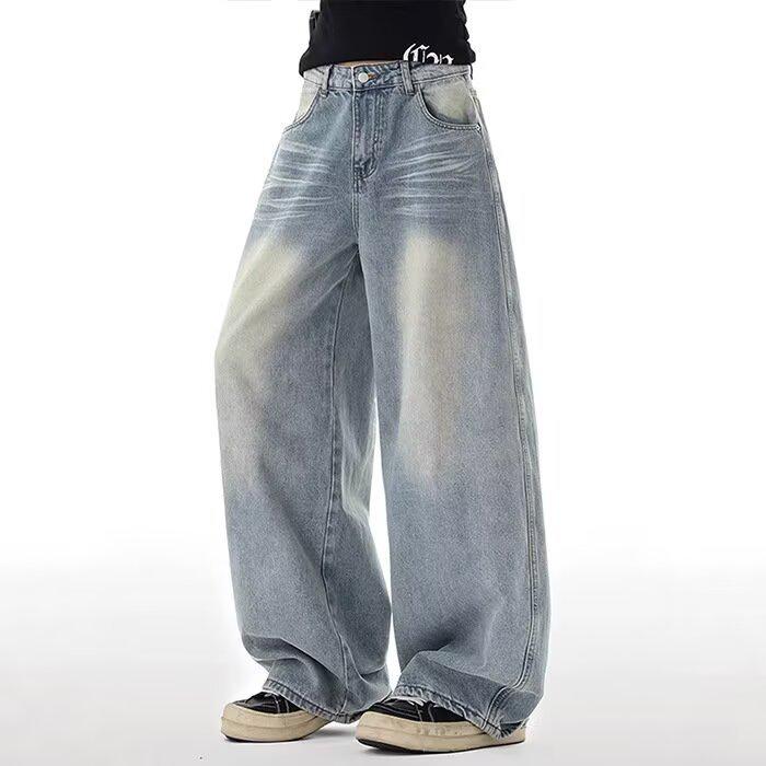 American High Street Unisex Wide-Leg Washed Denim Jeans - Casual Loose Fit for Autumn