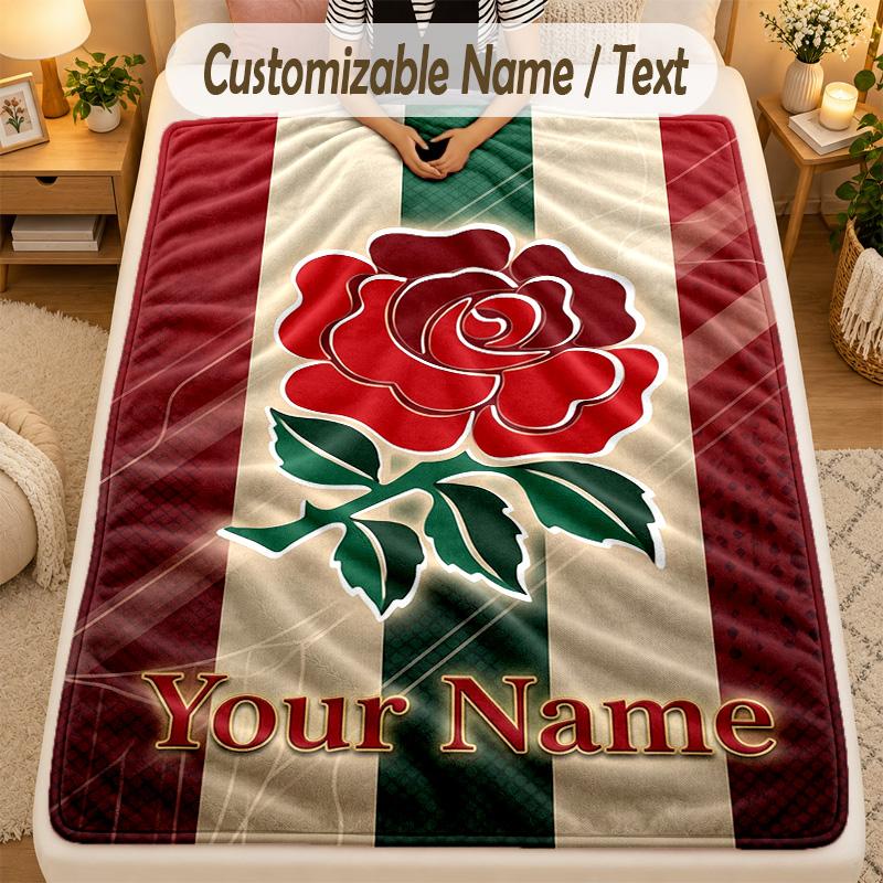 Flannel BlanketEngland Rugby Custom Name Text Personalized Soft Warm Throw Blanket Home Decor Gift