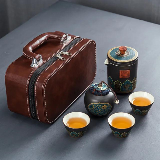 Ceramic Porcelain Kung Fu Tea Set Teaware Outdoor Travel Tea Set Tea Bag Anti-scalding One Pot Three Cups Teapot with Filter