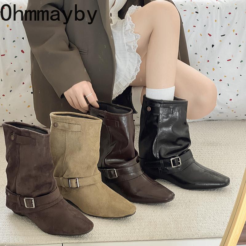 Winter Design Thick Heel Women Mordern Pipe Boots Fashion Belt Buckle Slip On Shoes Ladies Fashion Banquet Party Short Booties