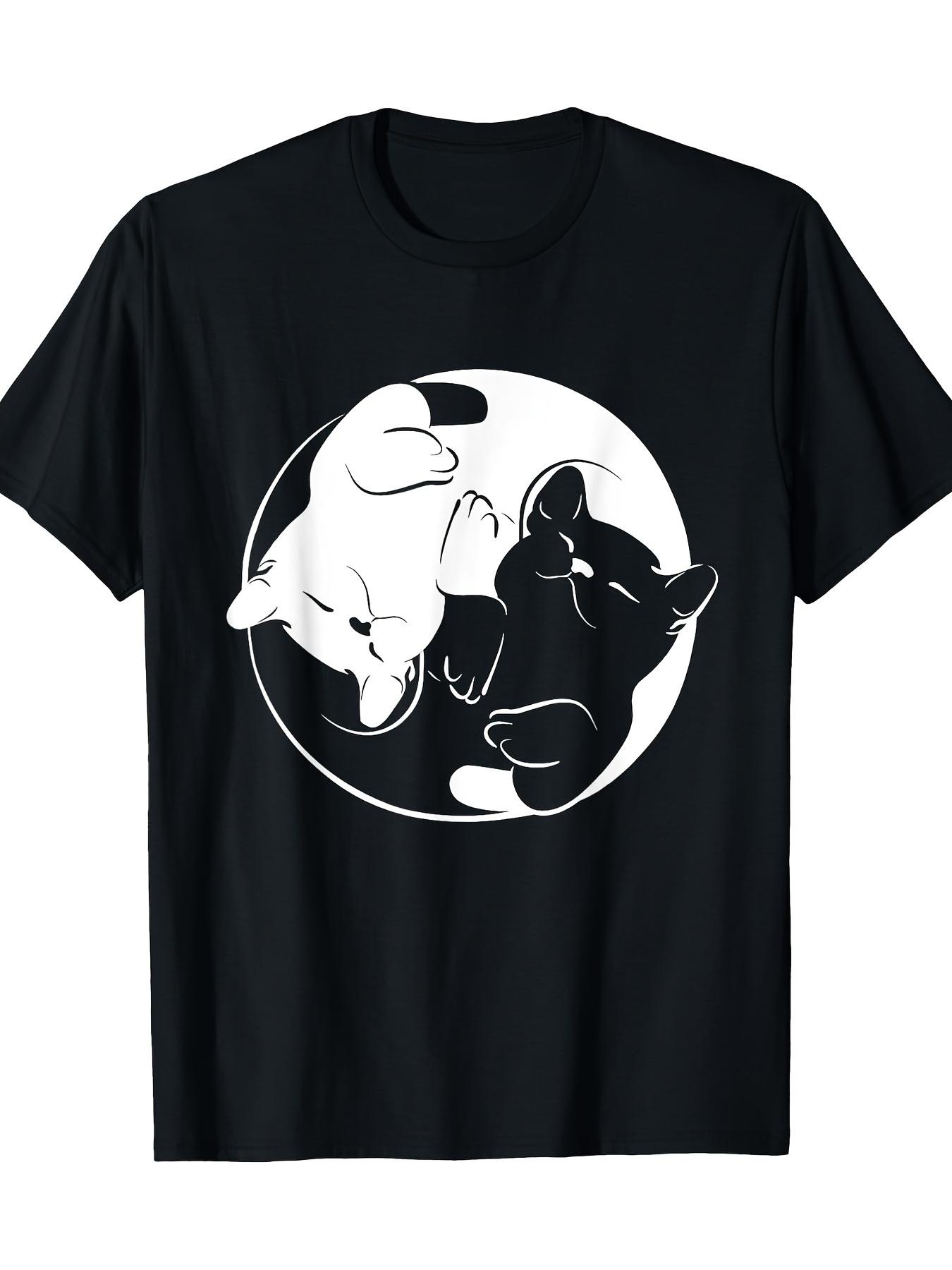 Yin Yang Cat Design T-shirt - 100% Cotton Short Sleeve Casual Shirt with White Print XXXL