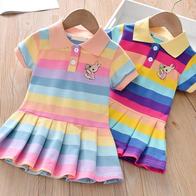 Kinder Mädchen Kleid Niedliches Häschen Dekoration Kleid Baby Mädchen Regenbogen Gestreift Kurzarm Prinzessin Kleid