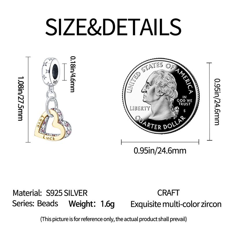 Silve Charms Beads Double Love Heart Pendants Charms Dangle For Bracelet Woman Luck Jewelry Gifts