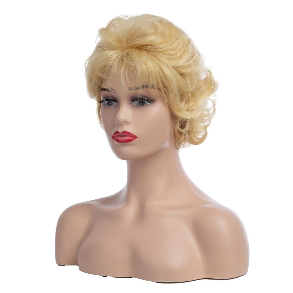 Women Light Golden Wig with Bangs Natural Blonde Hair Short Curly Fluffy Wigs Daily Party Cosplay Heat Resistant Fibre