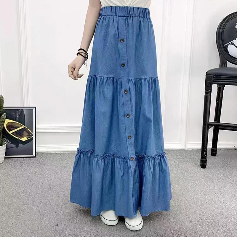 90cm Length Denim Skirts Women's Elastic High Waist Button Shirring Patchwork Ruffle Long Skirt Casual Blue Skirts Streetwear