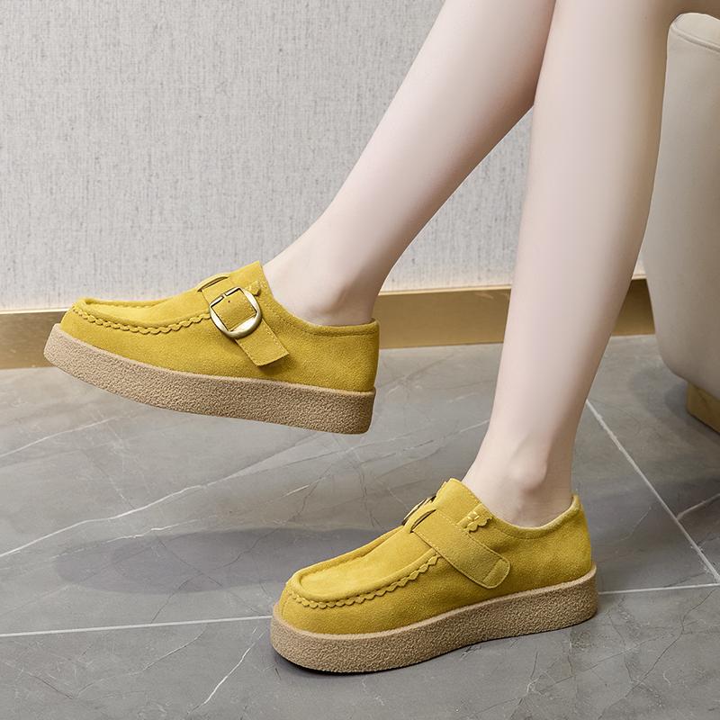 Fashion Women Loafer Shoes Genuine Leather 2025 Autumn New Suede Platform Kangaroo Shoes Women Wedges Belt Buckle Slip-on Shoes Women